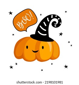 Halloween card. Cute pumpkin speaking boo with witch hat. Smiling pumpkin for Halloween. Vector illustration in cartoon flat style for poster, card, T-shirt, print pattern, greeting, invitation