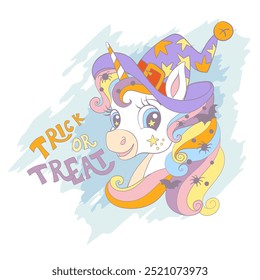 Cartão de Halloween com unicórnio bonito usando chapéu de bruxa. Lettering Trick or Treat. Ilustração vetorial em cores suaves na moda. Para impressão, cartão, convite, sublimação, t-shirt, design de roupas, festa