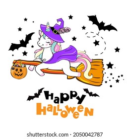 Halloween card with cute unicorn in a witch costume on a flying broomstick. Vector cartoon illustration isolated