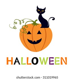 Halloween card with cuteblack cat and pumpkin