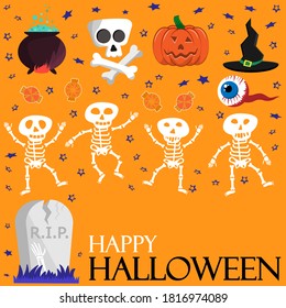 Halloween card with dansing sceletons and flat holiday icons on hallowee's background. Vector illustration. 