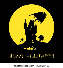 Halloween card with dark castle, bat and text Happy Halloween