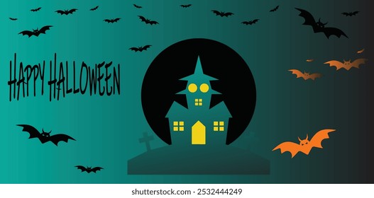 Diseño de tarjeta de Halloween en Adobe Illustrator. Icono de Vector de Halloween. Anuncio de Halloween, murciélagos negros en el fondo naranja. Ilustración vectorial de texto de la Plantilla. Fondo de Halloween con rebaño de murciélago.