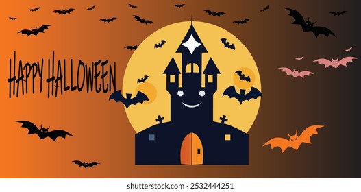 Diseño de tarjeta de Halloween en Adobe Illustrator. Icono de Vector de Halloween. Anuncio de Halloween, murciélagos negros en el fondo naranja. Ilustración vectorial de texto de la Plantilla. Fondo de Halloween con rebaño de murciélago.