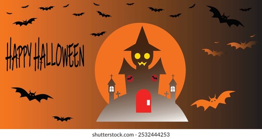 Diseño de tarjeta de Halloween en Adobe Illustrator. Icono de Vector de Halloween. Anuncio de Halloween, murciélagos negros en el fondo naranja. Ilustración vectorial de texto de la Plantilla. Fondo de Halloween con rebaño de murciélago.