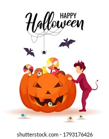 Halloween card design with baby boy dressed in imp costume looking inside scary pumpkin with candies and bat flying. Vector illustration for poster, banner, cover, postcard, card.