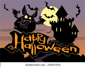 Halloween card design with bats and castle