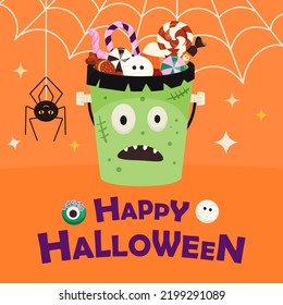 Halloween card design with bucket Frankenstein full of sweets, candies and desserts. Orange postcard design template with cute funny spider on web. Vector illustration in flat style 