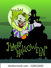 halloween card design with cartoon scary clown on the background of the castle