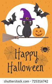 Halloween card design with cat on broom - vector illustration, eps