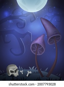 Halloween card for design with creepy mushrooms, skull and moon. Vector illustration