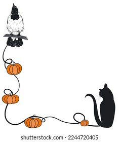 Halloween card design. Crow, cat and pumpkins, vector illustration