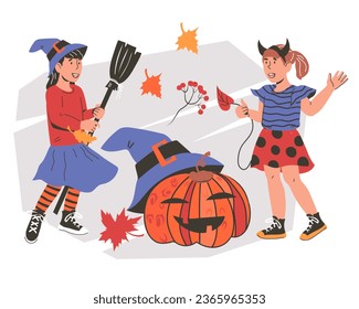 Halloween card design with cute kid girls characters, flat vector illustration isolated on white background. Halloween card or party invitation for children.