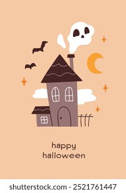 Halloween card design. Cute spooky ghost over creepy haunted house, festive October 31 night. Seasonal Trick or Treat poster, funny seasonal postcard. Flat vector illustration, vertical template