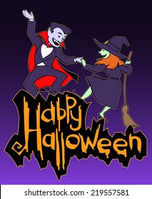 Halloween card design with dancing witch and vampire