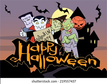 Halloween card design with funny monsters,