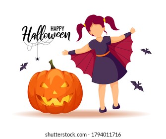 Halloween card design with girl dressed in costume of bat, scary pumpkin, webs and spider. Vector illustration for poster, banner, cover, postcard, card.