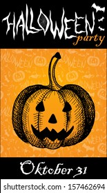 Halloween card design with hand drawn orange pumpkin. Vector illustration with seamless background