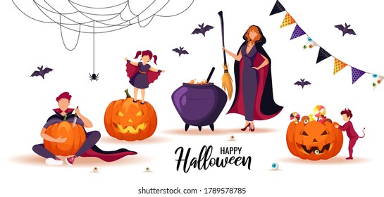 Halloween card design with happy family dressed in costumes. Witch with broom and cauldron, imp. bats, scary pumpkins, webs and spider. Vector illustration for poster, banner, cover, postcard, card.