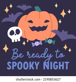 Halloween card design with holiday pumpkin, carved jack face, treats, candies and bats. Square background template for spooky October night. Helloween greeting postcard. Flat vector illustration