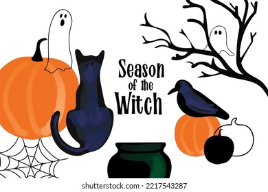Halloween card design with pumkin, black cat, ghosts illustration and text Season of the Witch on white background