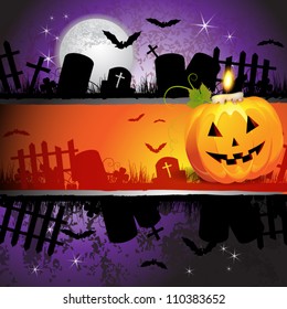 Halloween card design with pumpkin and cemetery