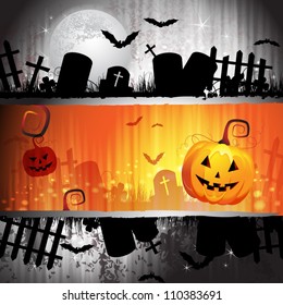 Halloween card design with pumpkin and cemetery