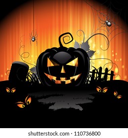 Halloween card design with pumpkin and cemetery