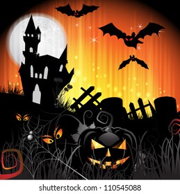 Halloween card design with pumpkin and ghost house