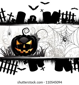 Halloween card design with pumpkin and ghost house