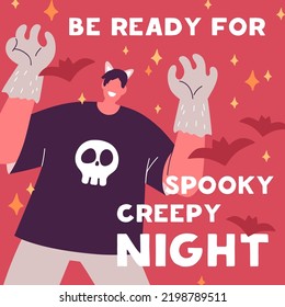 Halloween card design. Square postcard template for October holiday, creepy night. Helloween background with happy spooky wolf monster man in scary funny costume. Colored flat vector illustration