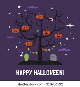 Halloween card design with tree and pumpkin. Vector illustration