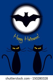 halloween card design with two cats, bat and full moon in cartoon style