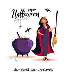 Halloween card design with with Witch with broom, cauldron, bats, web and spider. Vector illustration for poster, banner, cover, postcard, card.