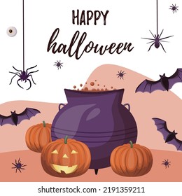 Halloween card design. With witch pot with poison, halloween candies, eye balls, bats and pumpkins. Trick or treat design. For poters, flyers, web designs.