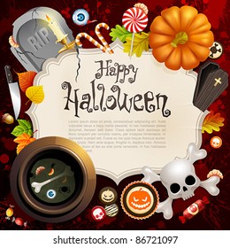 Halloween card with different objects and place for text. Check my portfolio for raster version.