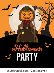 Halloween card. Disguised person in a cemetery