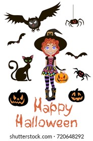 Halloween card. Dlfck cat, little witch, owl, pumpkin. Illustration