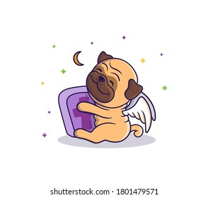 Halloween card is a dog-angel hugs a grave and is sitting near the moon and stars. Cute pug, cartoon character for prints, stickers, ads, clothes, posters party and etc. Vector illustration 