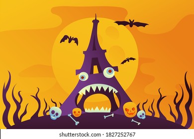 Halloween card with Eiffel Tower with fangs and eyeballs on orange background. Pumpkin bones, abstract sky. Big moon with bats.