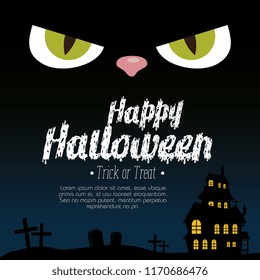halloween card with enchanted castle and eyes cat