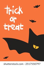 Halloween card with evil bat. Trick or Treat postcard design. Halloween card in flat style. Happy Halloween, Halloween for kids. Vector hand drawn illustration in flat style
