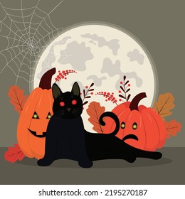 Halloween card with evil cat. Happy Halloween illustration with a full moon, black cat, pumpkins