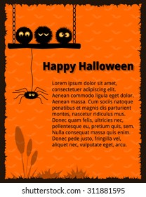 Halloween Card with evil faces and a spider on an orange background