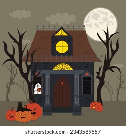 Halloween card with evil house. Happy Halloween illustration with a full moon, black cat, pumpkins and house with ghost