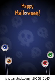 Halloween card with eyes impaled sticks on the blue blurred skull background
