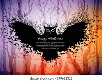 Halloween card with fairytale scene, flying magic owl above dark forest. Autumn holiday background with frame from bird and copy space for your text.