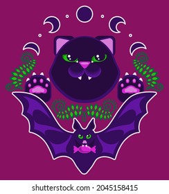 Halloween card featuring black cat, bat, moon, candy, fern. Suitable for textiles, wrapping paper, tissue, background, souvenirs, design for cover, wall art, invitation, fabric, poster, canvas print.