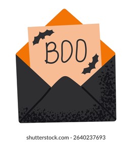 Halloween card featuring in black envelope with bats and bold boo lettering. Perfect for October party planning and seasonal designs. Vector illustration
