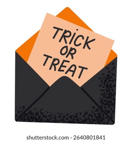 Halloween card featuring in black envelope with bold trick or treat lettering. Perfect for October party planning and seasonal designs. Vector illustration